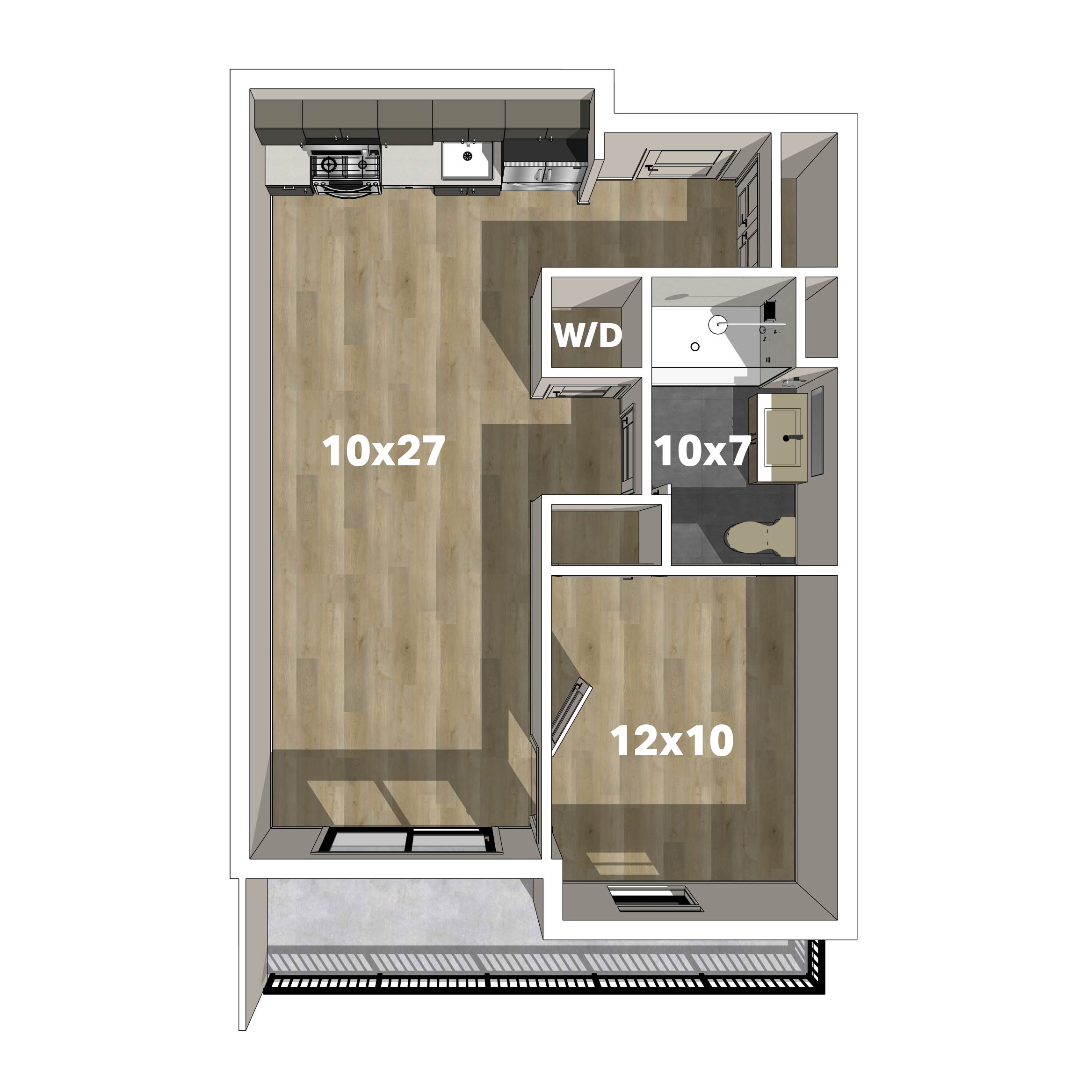 Kensing LoHi one bedroom, Plan B1, illustrative floor plan