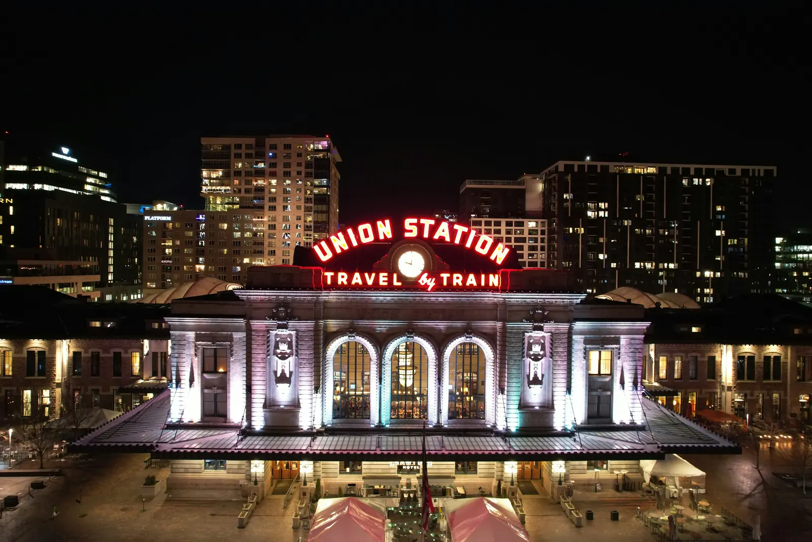 Denver Union Station lit up at night