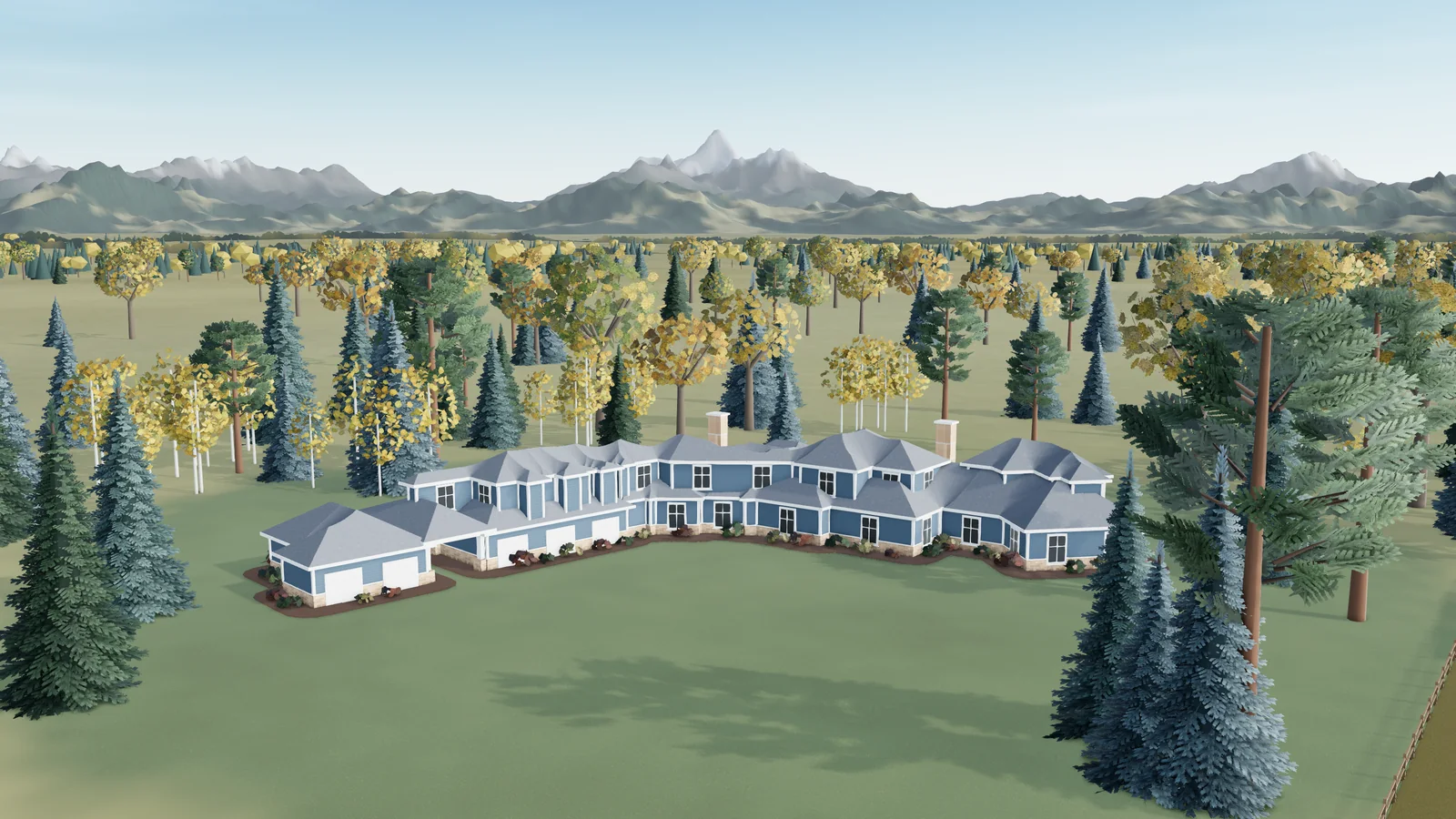 3D model of 2627 E Willamette Lane among spruces and cottonwoods, with the Front Range in the distance